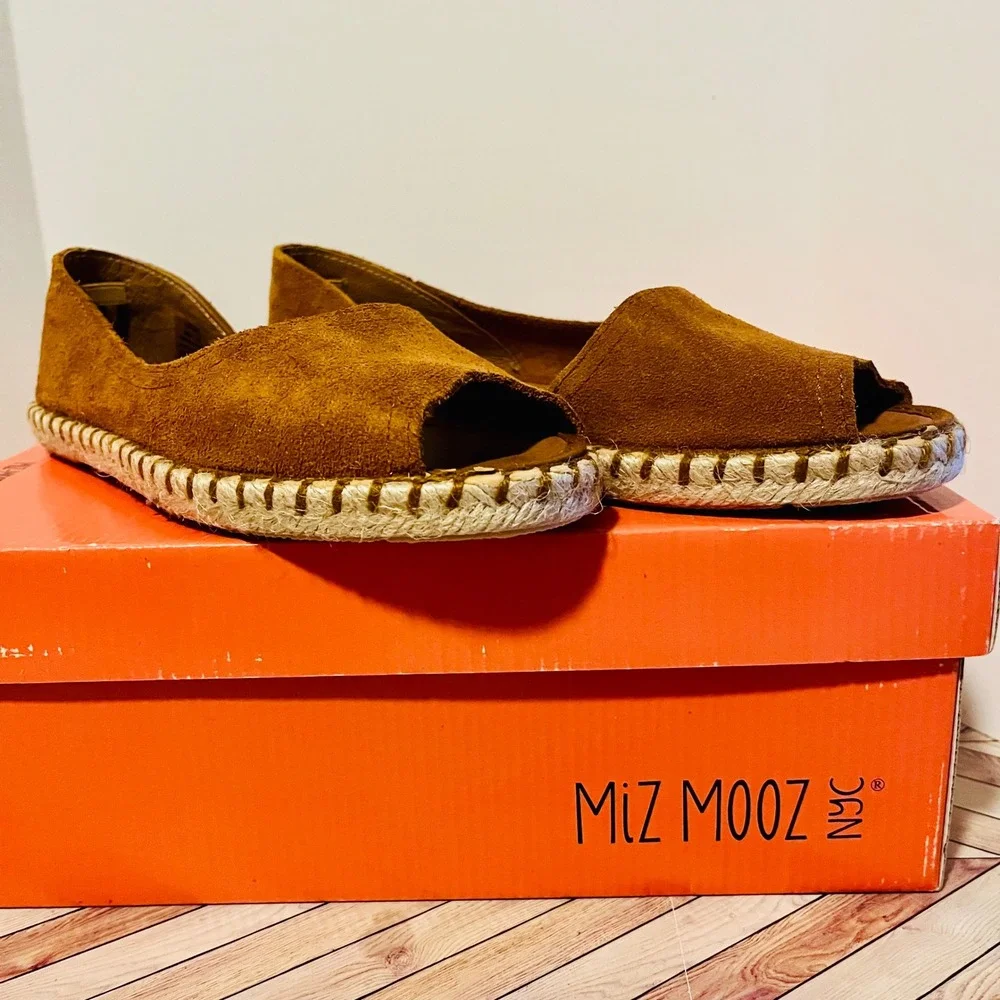 Miz Mooz Cruze Wheat Suede Leather Espadrille Flats US 6.5 EU 37 Peep‎ Toe Brown